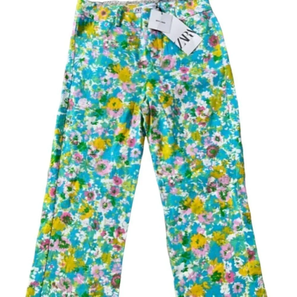 Zara NWT Printed Linen Blend Flared Trousers Green Blue Pink Floral Print Size 4